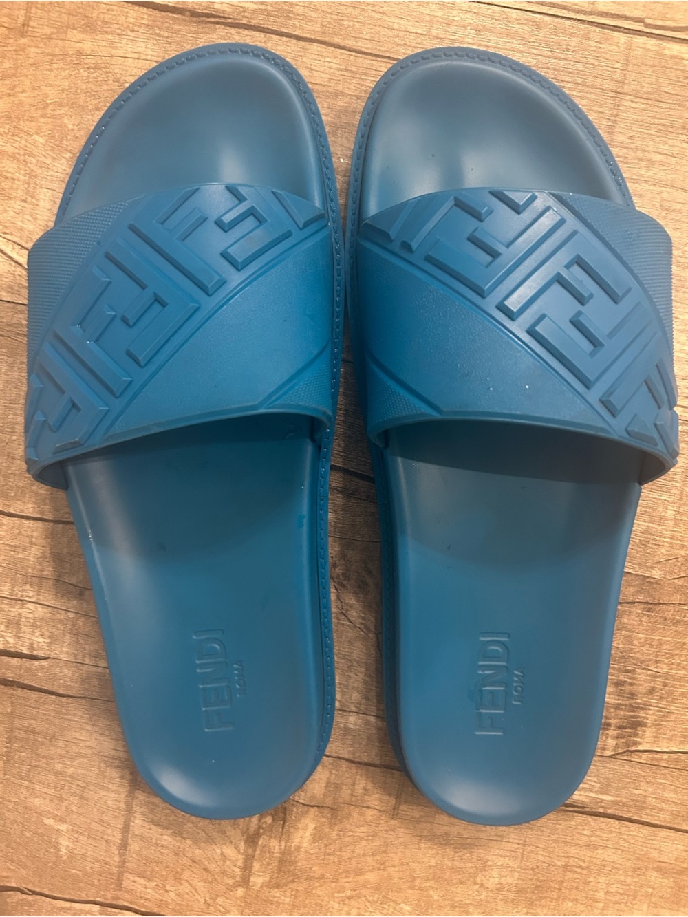 Fendi Teal Blue Embossed FF Slide Sandals